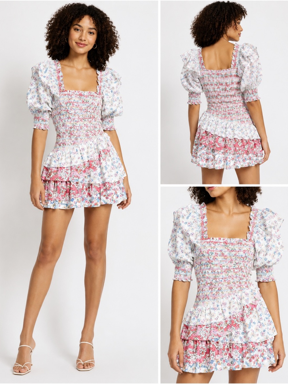 Yvonne & Love tea party smocked bodice tiered ruffle mini dress floral - M nwt